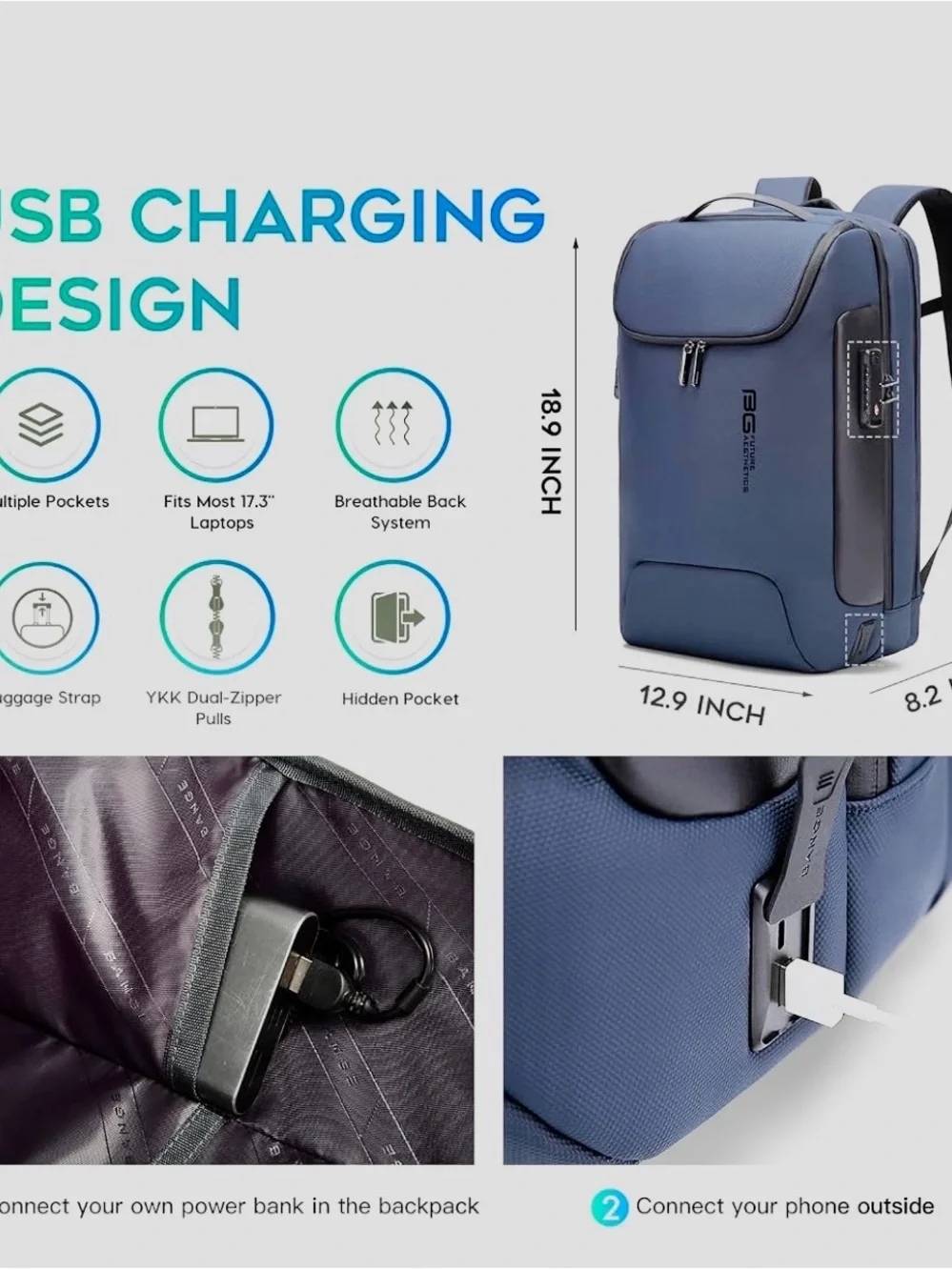 Bange BG Aesthetics Blue Men's Anti-Theft Business Backpack with USB Port NWT